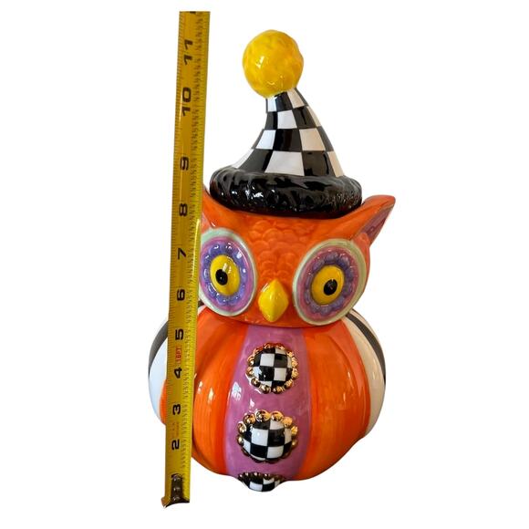 Mackenzie Childs Trick or Treat Owl Stacked Candy Dish Ceramic Orange Check New - Picture 8 of 10